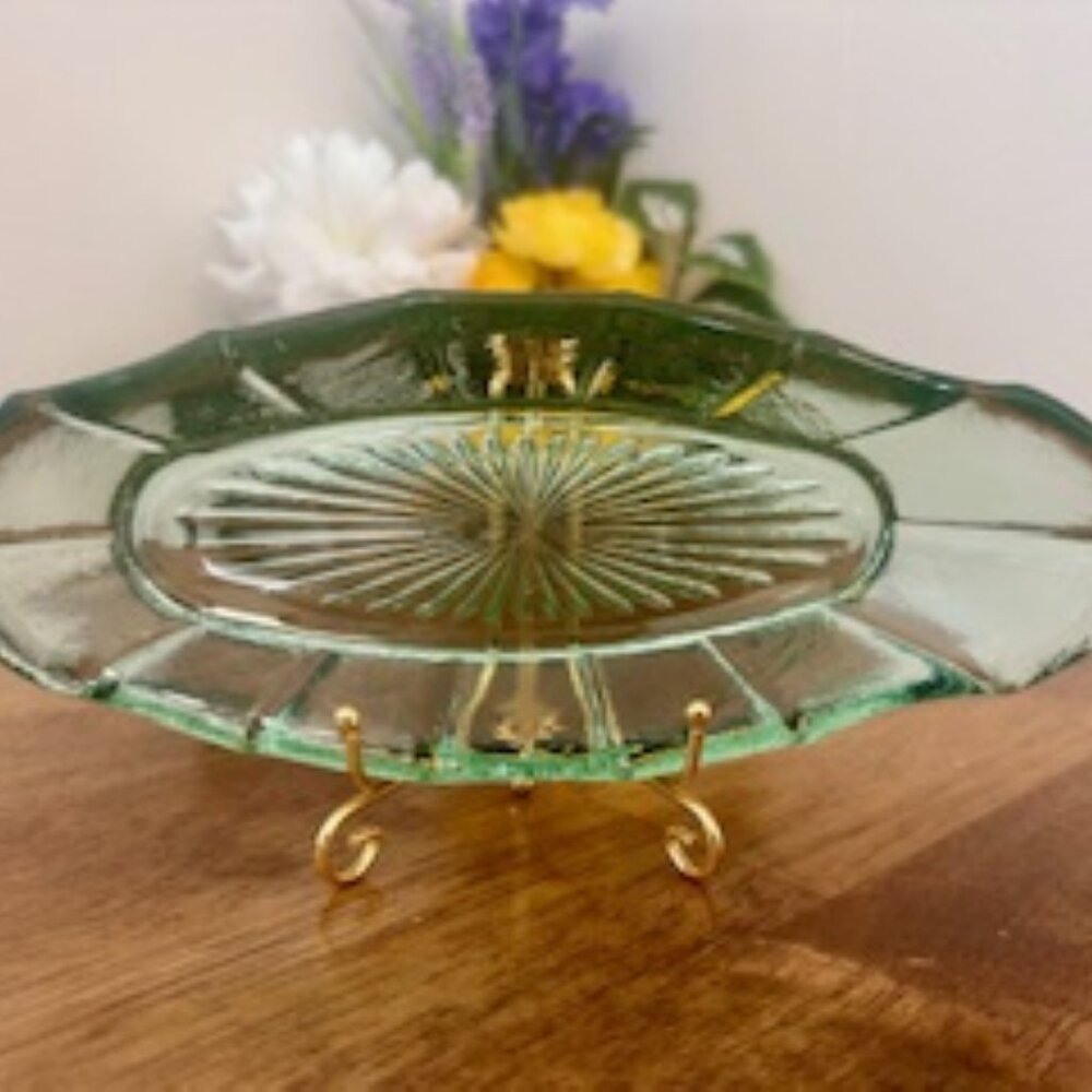 Green Pressed Glass Celery Dish Vintage Mid Century Relish Tray or Table Center